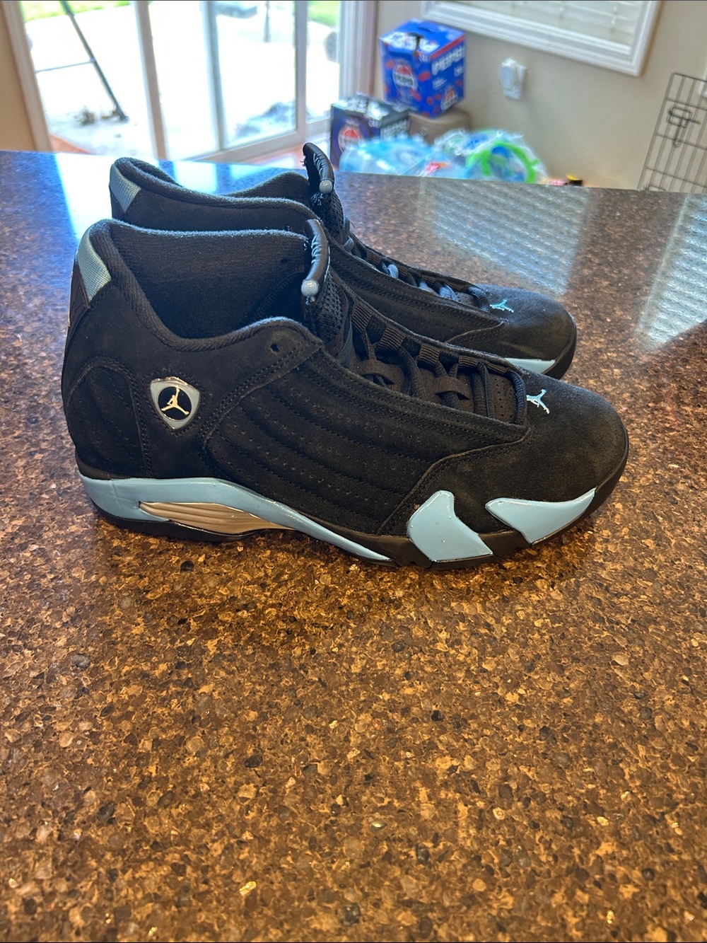 Jordan 14 Men's Black and Light Blue Retro Sneakers